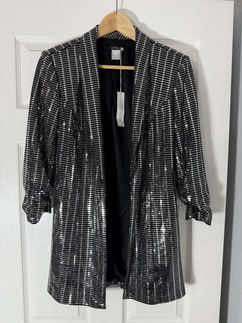 Venus Sequin Blazer Size 6 Black Silver Open Front Jacket Sparkly Party